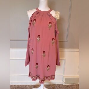 Chelsea & Violet NWT Large Dress Cold Shoulder Rose Pink Embroidered Midi
